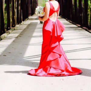 Stacey's red satin prom dress, 4, waterfall train